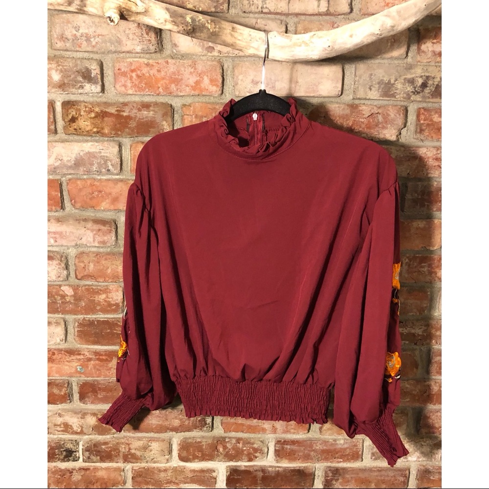 High Neck Blouse with Embroidery Sleeves